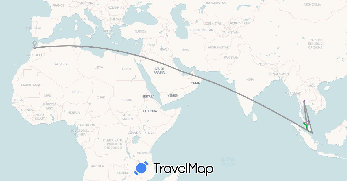 TravelMap itinerary: driving, bus, plane, train, boat in Morocco, Malaysia, Qatar, Singapore, Thailand (Africa, Asia)